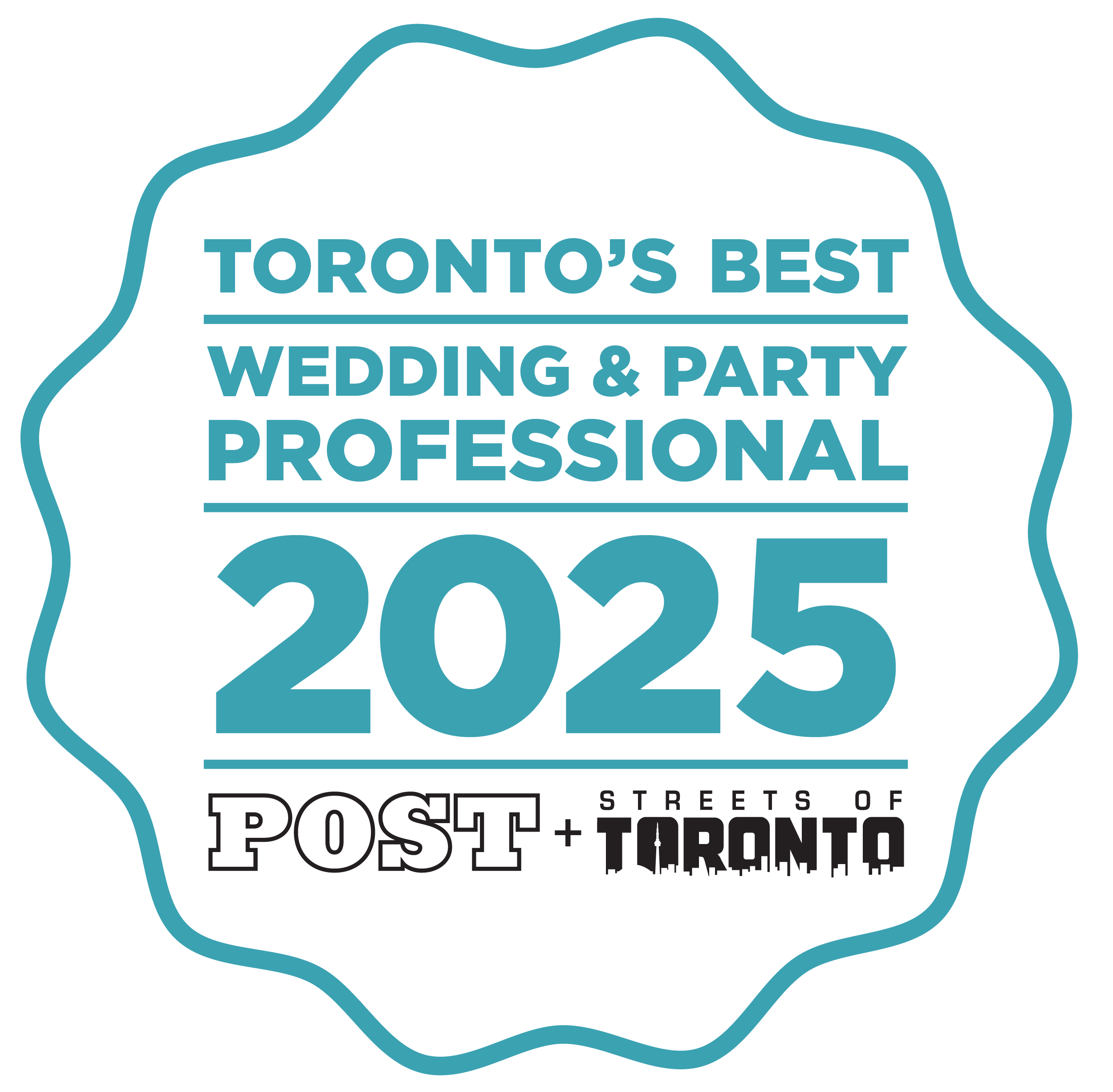 Badge or award graphic stating 'Toronto's Best Wedding & Party Professional 2025' with 'Post Streets of Toronto' logo at the bottom.