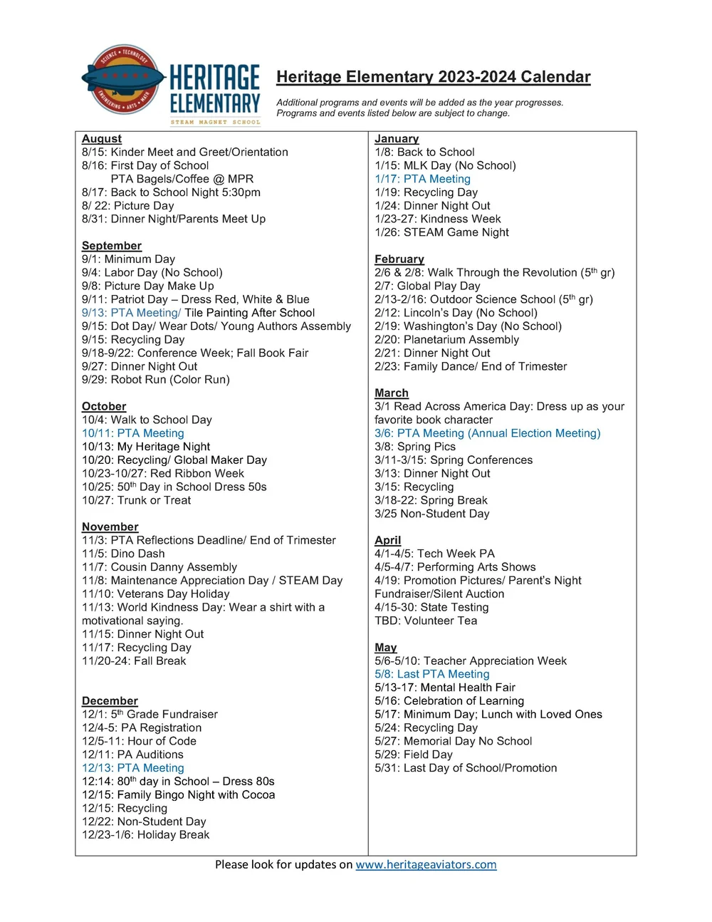 Calendar Heritage Elementary