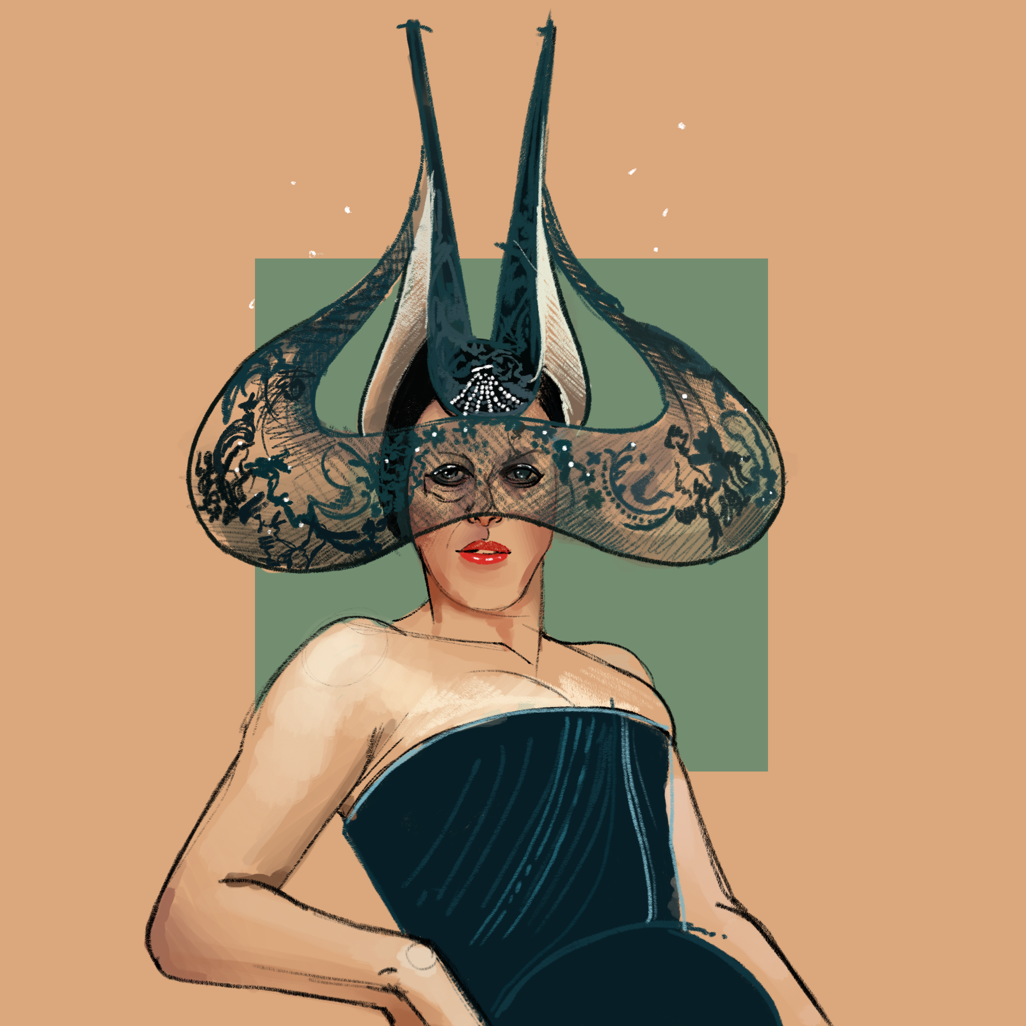 Isabella in a creation by milliner Philip Treacy - Illustration by Fernando Monroy based on an image by Diego Uchitel