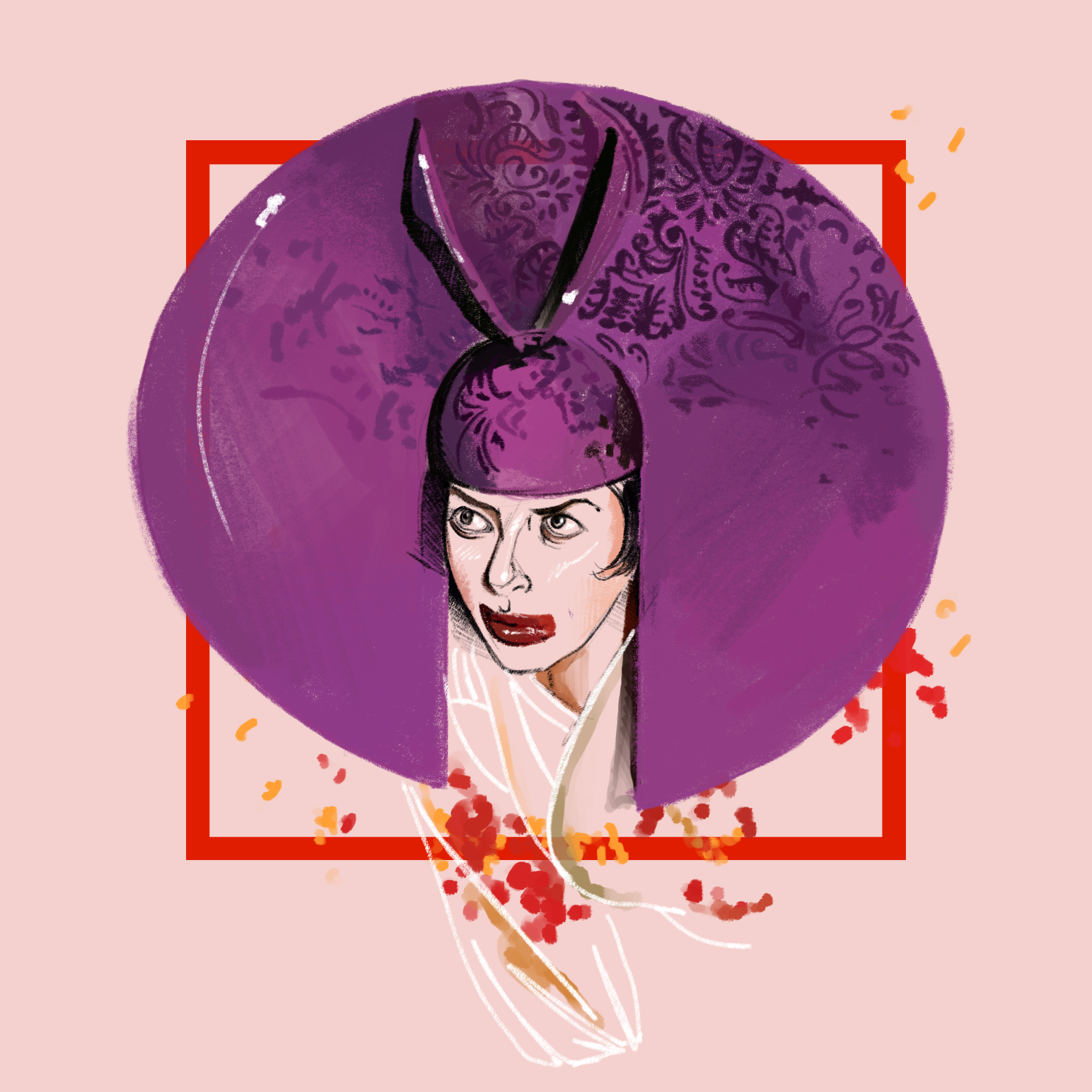 Isabella in a creation by milliner Philip Treacy - Illustration by Fernando Monroy based on an image by Diego Uchitel