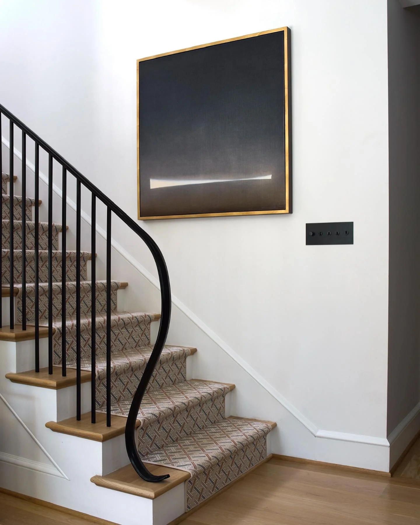 Letting this cool, crisp and sophisticated back staircase view sit here on this HOT day
#backstairs #runner #art
#design #interiors