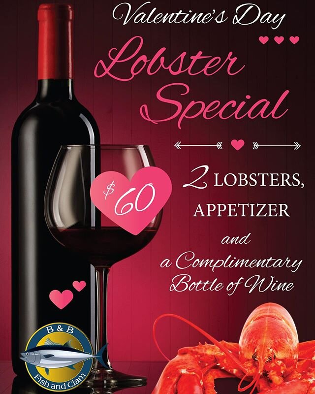 2 Lobsters Steamed or Flame Broiled 
Large Appetizer 
Bottle of Wine 🍷🦞🦐🦑🐙🦀 #bnbfish #bnbfishandclam #seafood #longislandseafood #lobster 
#stuffedmushrooms #shrimpcocktail #ifitswimsaskforit #tastethedifference