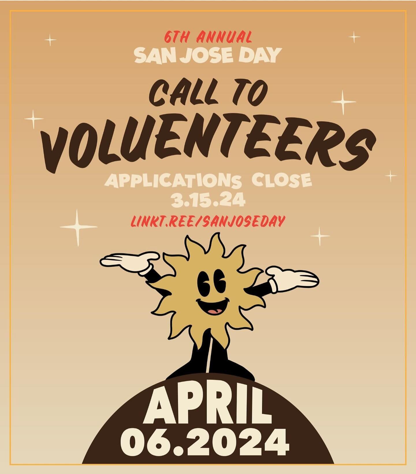 Hey San Jos&eacute;! We are looking for 20 event volunteers to support for 3 hours each at the 6th Annual San Jos&eacute; Day, Saturday April 6, 2024. 

We have a few special treats for our helpful friends 🎁 Gifts aside, volunteerism plays a very im