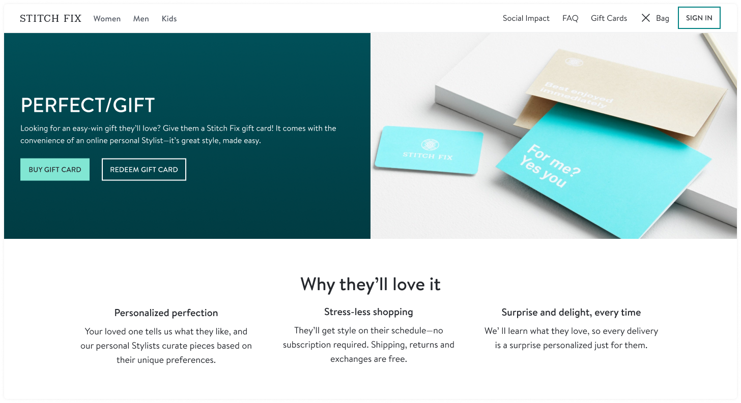 Stitch Fix's gift card landing page