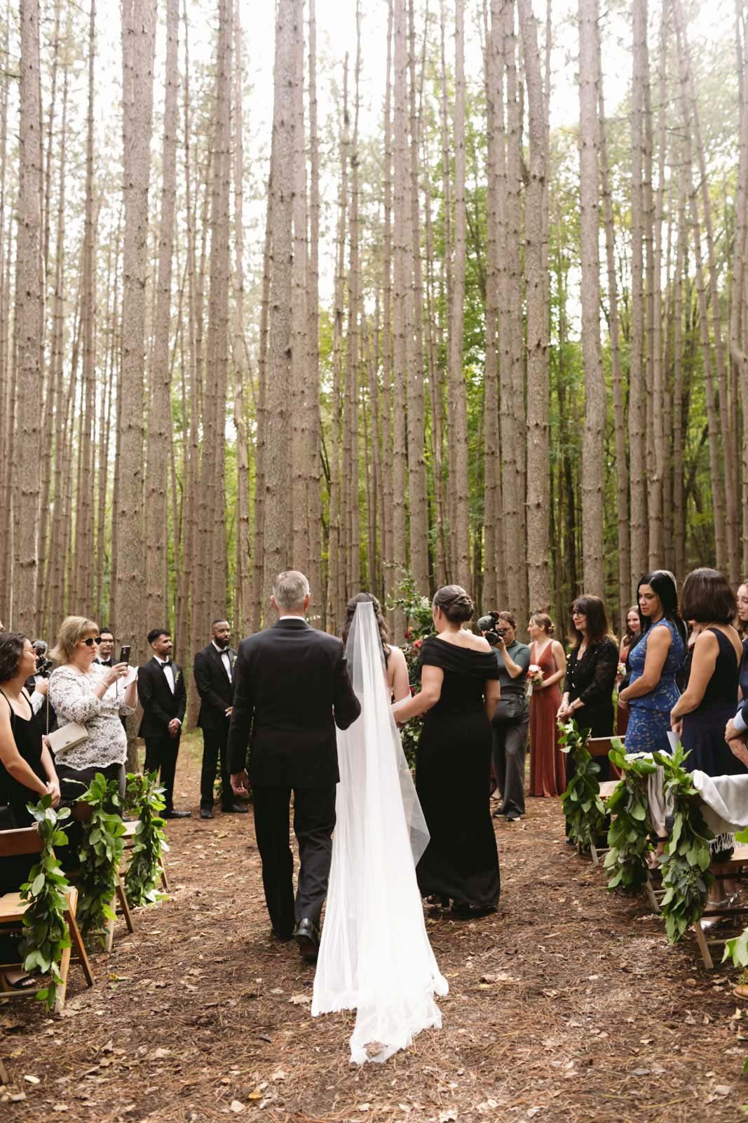 A wedding ceremony taking place in a forest, with the bride in a white dress and train, walking down the aisle with an officiant. Guests are standing on either side, observing and taking pictures.