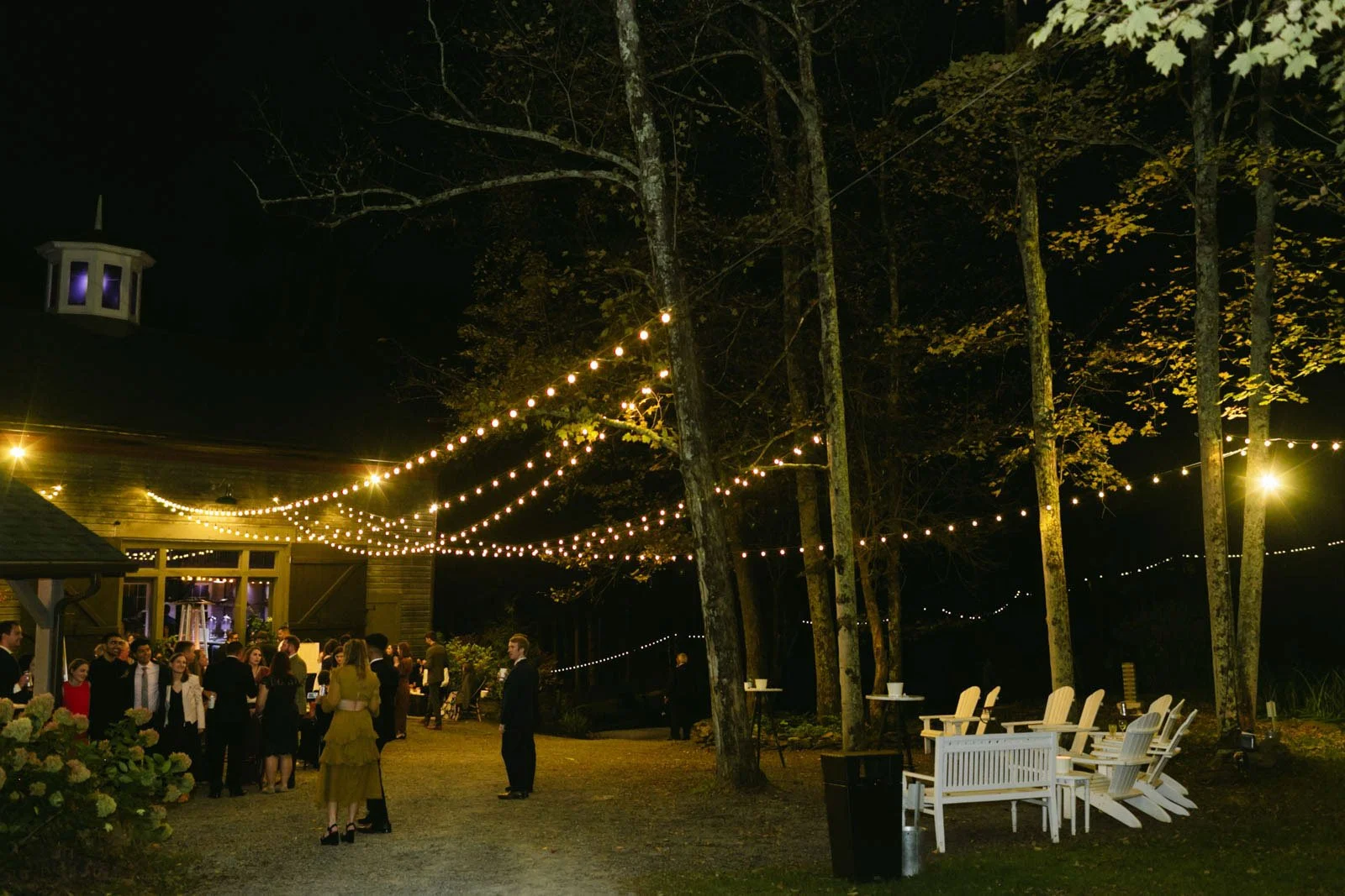 Night outdoor gathering with string lights, people socializing, surrounded by trees, with a small building and outdoor seating