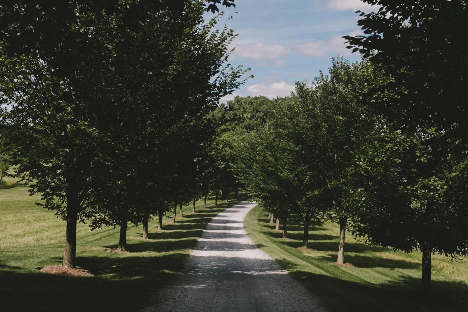 A gravel path winding through a tree-lined park under a partly cloudy sky.
