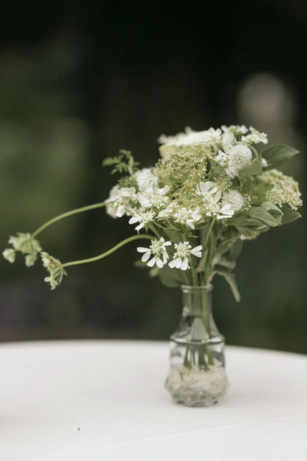 A small glass vase with white and green flowers arranged on a white surface, blurred green background.