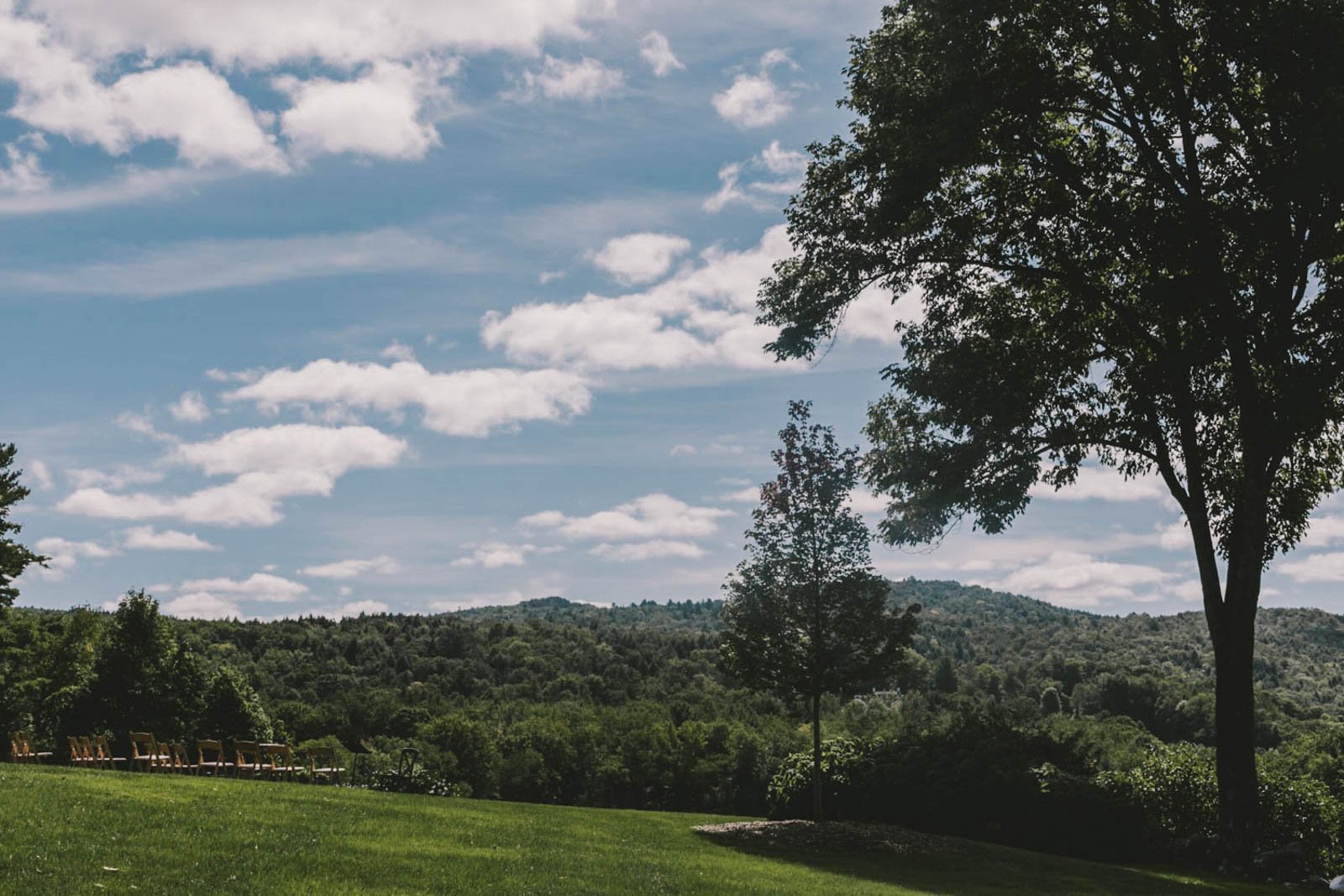 A scenic outdoor landscape with a lush green lawn, several trees, a forested hillside in the background, and a partly cloudy sky.