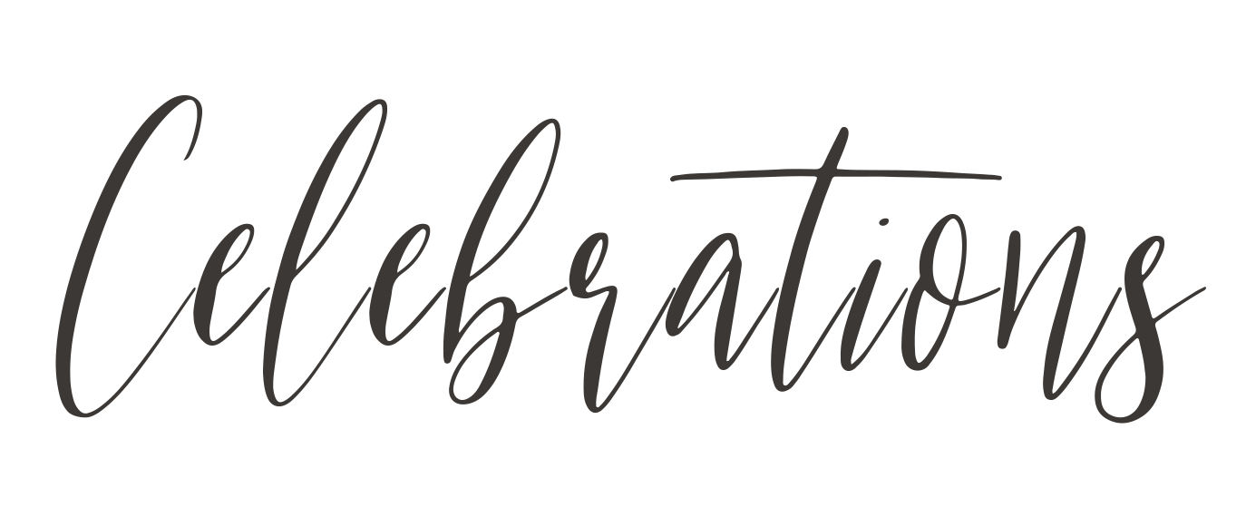 The word 'celebrations' written in cursive, dark gray or black text on a transparent background.