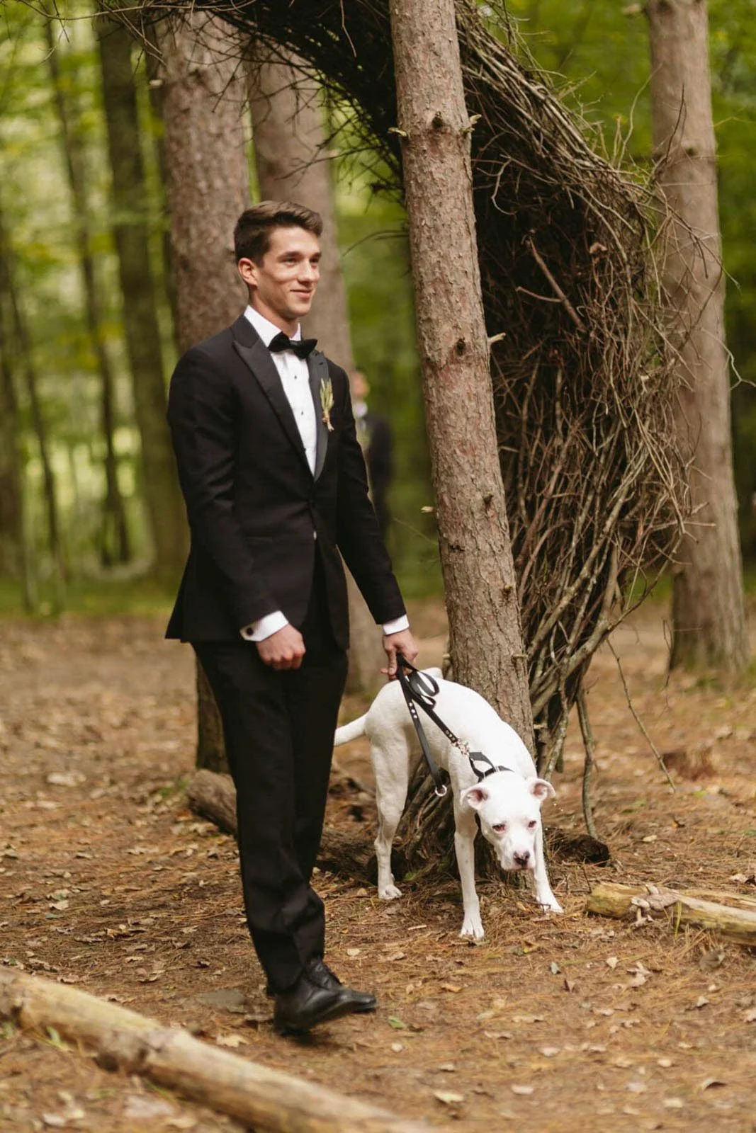 A young man in a tuxedo walking a white dog in a forest with tall trees and natural scenery.