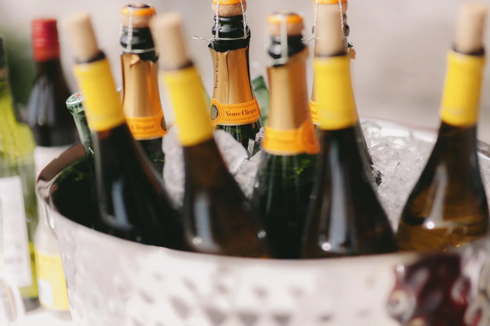Champagne bottles in an ice bucket.