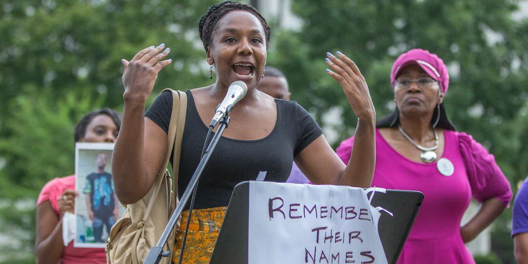 Bree Newsome (shown here speaking in Charlotte, North Carolina in July) will give an October 11 talk at the UW-Madison Multicultural Student Center. Photo by Grant Baldwin on Flickr .