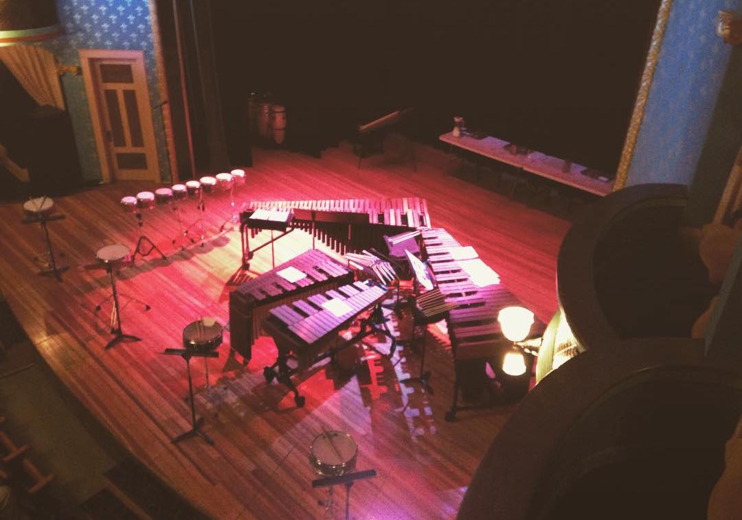 Madison percussion ensemble Clocks In Motion's stage setup for its February 2016 show at the Stoughton Opera House.