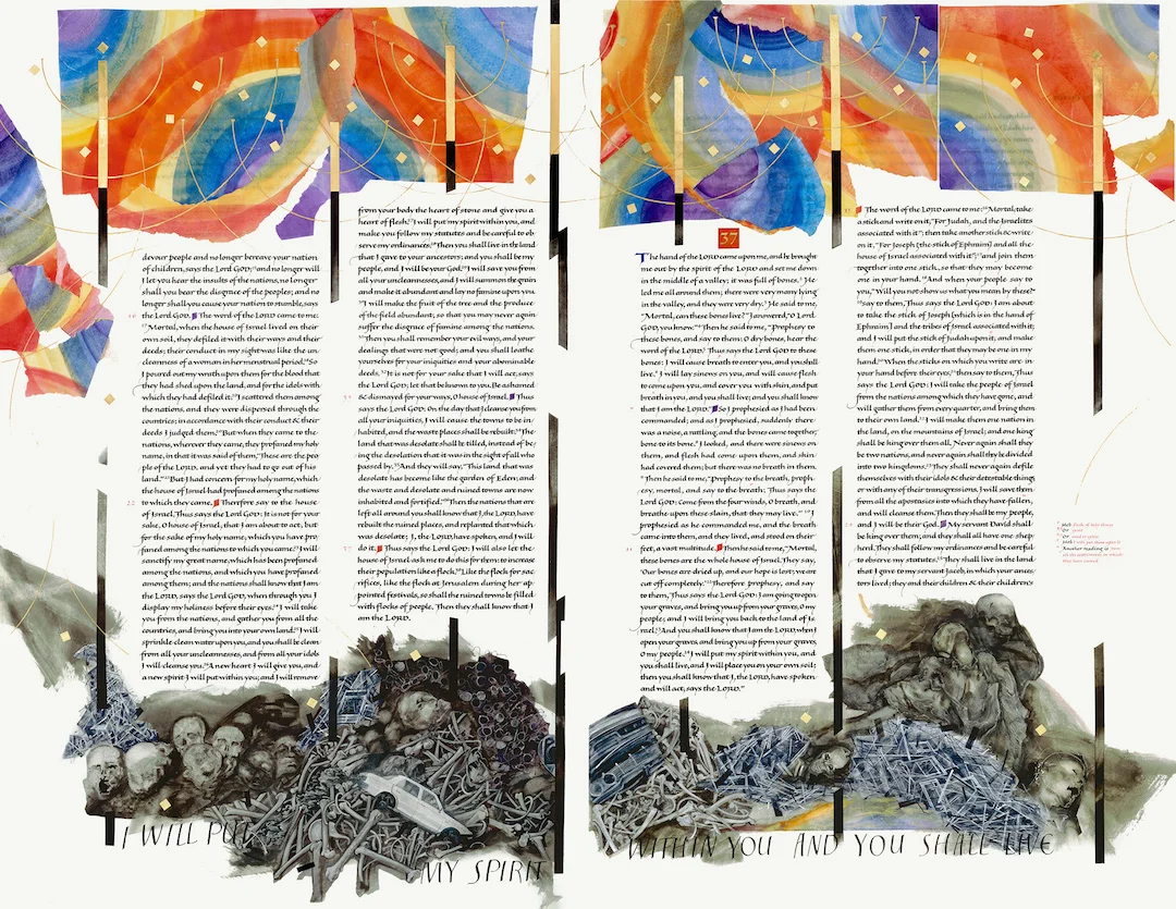 Valley of the Dry Bones (Ezekiel 36:15 – 37:25), Donald Jackson (artist) and Susie Leiper (scribe), Copyright 2005, The Saint John's Bible.