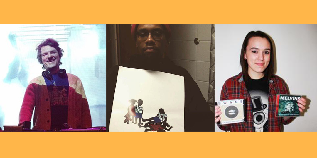 From left to right: Evan Woodward DJing, Michael Penn II (aka CRASHprez) holding the cover art for his latest album, and Emili Earhart holding Swans and Melvins CDs.