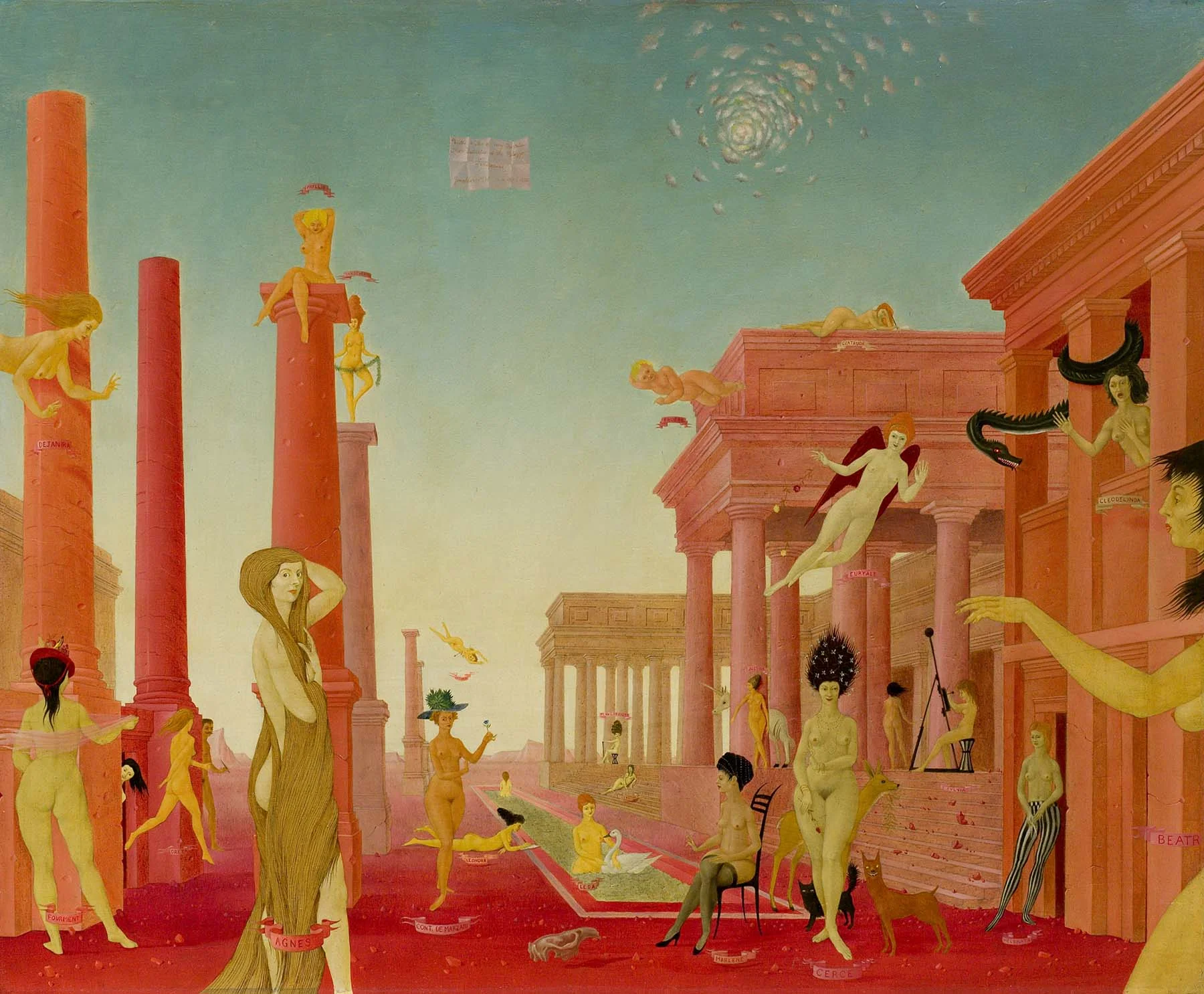 John Wilde (1919-2006), "More Festivities at the Palazzo Sanseverini," 1951-52, oil on wood panel, 20 1/8 x 24 3/8 inches / 51.1 x 61.9 cm; Private Collection; Courtesy of Michael Rosenfeld Gallery LLC, New York, NY