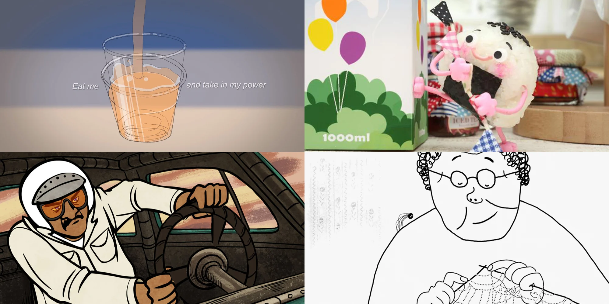 Clockwise from top left: "Future Language: The Dimensions Of Von LMO," "Konigiri-Kun: Kitchen Sportsday," "Spider Web," and "Driven."