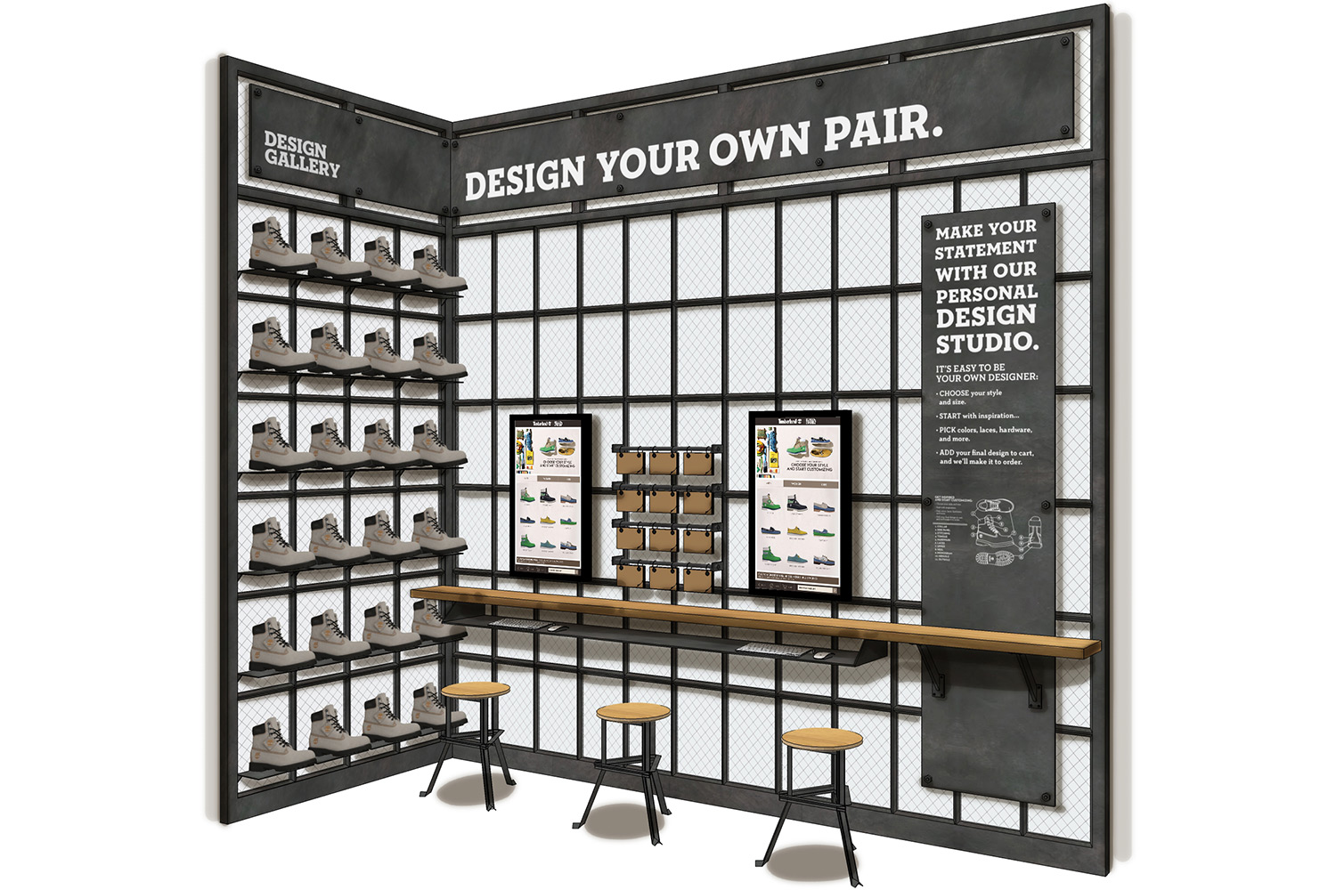  With a small budget and a tight timeline, the team was asked to elevate the in-store digital customization experience. Taking inspiration from the current custom footwear campaign, we used existing assets to create a kiosk screensaver that would use