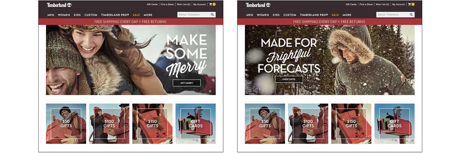  This holiday campaign celebrates the winter season and positions Timberland as an expert maker of warm, well-crafted footwear and apparel. Making spirits bright and warm. A fun script is paired with our modern and clean Neutraface Text to create an 