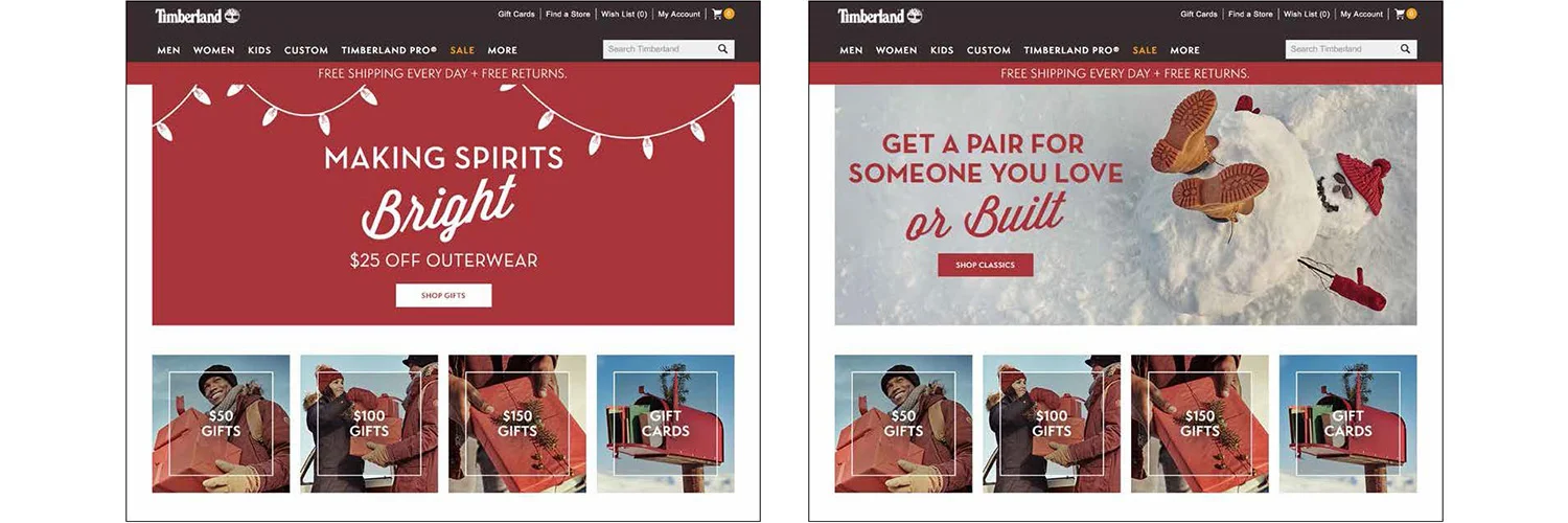 Promotional messaging is shown over a solid red background with animated lights. Fun and unexpected lifestyle photography featuring the always in stock classics take us through low inventory periods. 