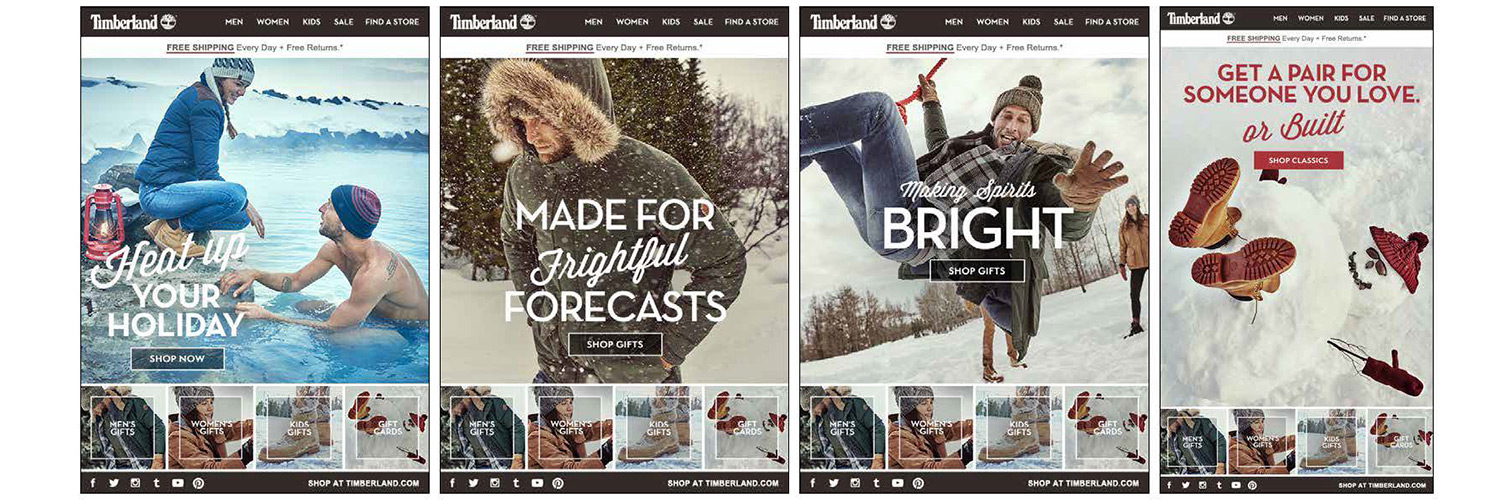  Emails feature a mix of storytelling–rich lifestyle imagery, product in environment, product laydown photography with seasonal textures and holiday props or text only treatments with animated holiday lights. Holiday emails feature a persistent foote