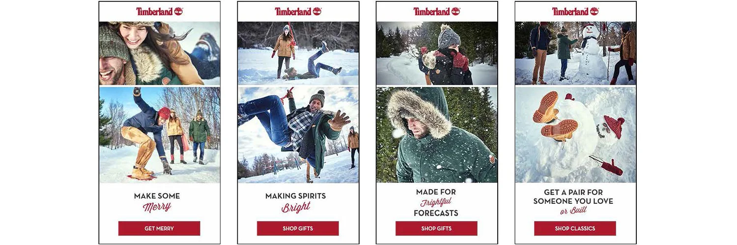  Text only banners provide a solution for end of the season complexity where inventory becomes a challenge. Playful lifestyle imagery or full text banners with holiday lights are paired with clear offer messaging for high promotional periods.  
