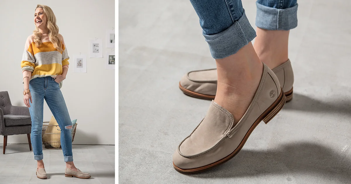  These essential loafers’ neutral color go with almost every look, as they add interest without dominating. Emma showed that versatility in her second look pairing distressed skinny jeans with another spring style trend–stripes–and her favorite bold 