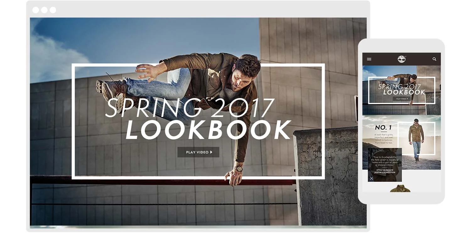  Full-width lifestyle photography and dynamic typography set the tone for the season and the CTA drives consumers to watch the seasonal video. Each of our three key seasonal looks is introduced with a head-to-toe image. A closer cropped detail shot a