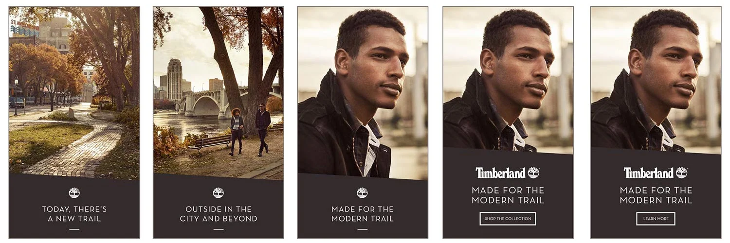  Rich media banners showed our hero modern trail image–a new trail outside in the city and beyond. The imagery shows the trail of a city park, then a couple walking the path with the city skyline as a backdrop exploring outside in the city and slight
