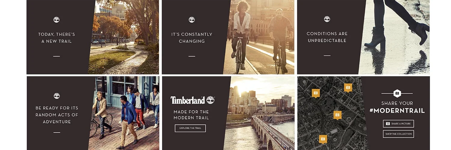  Our rich media takeover units explore a variety of paths on the modern trail, showcasing key outfits from each of the seasonal product capsules. We end on the hero trail image as the logo and cta animate into frame. On touch, a city specific map fea