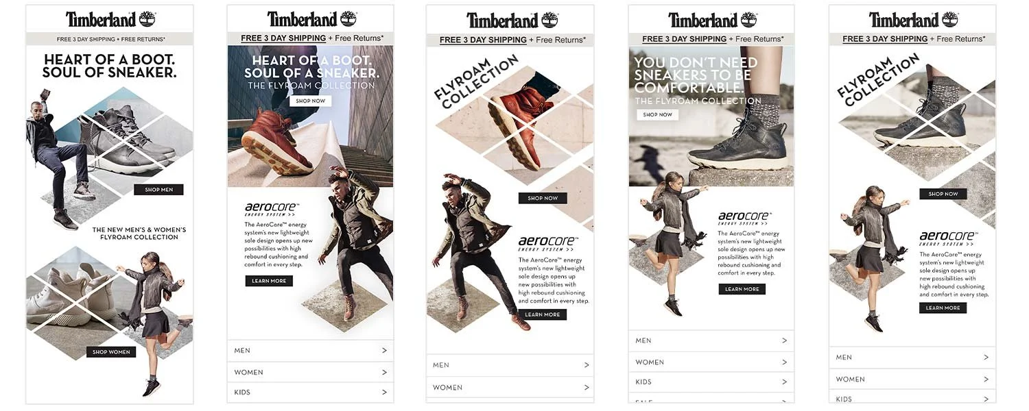  SOCIAL MEDIA VIDEOS  Quick hitting 7 second video with illustrated animations to draw the users attention to movement, lightness, and flexibility of the Aerocore Flyroam sneaker boots. 