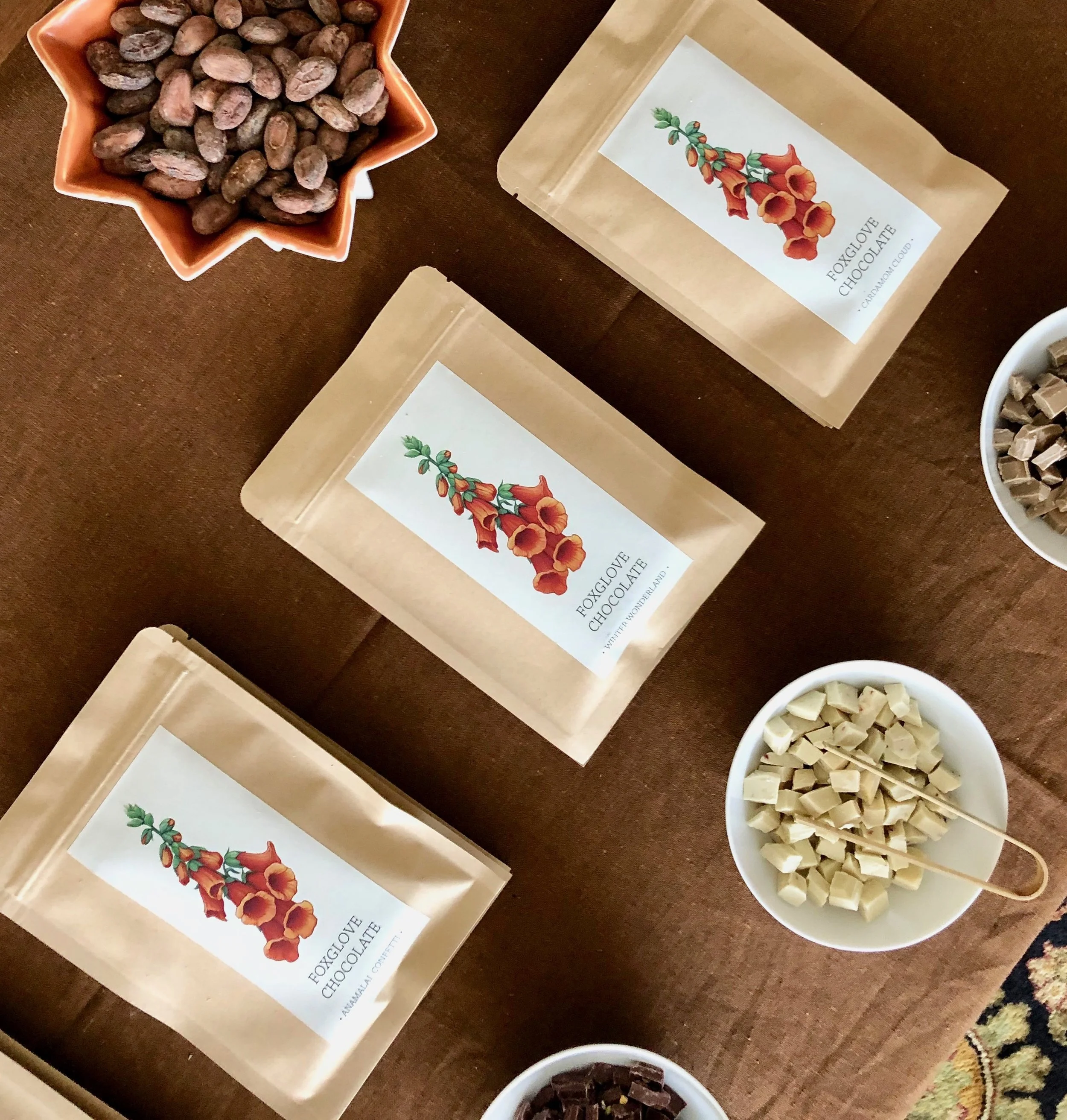 Illustration and package design for Foxglove Chocolate