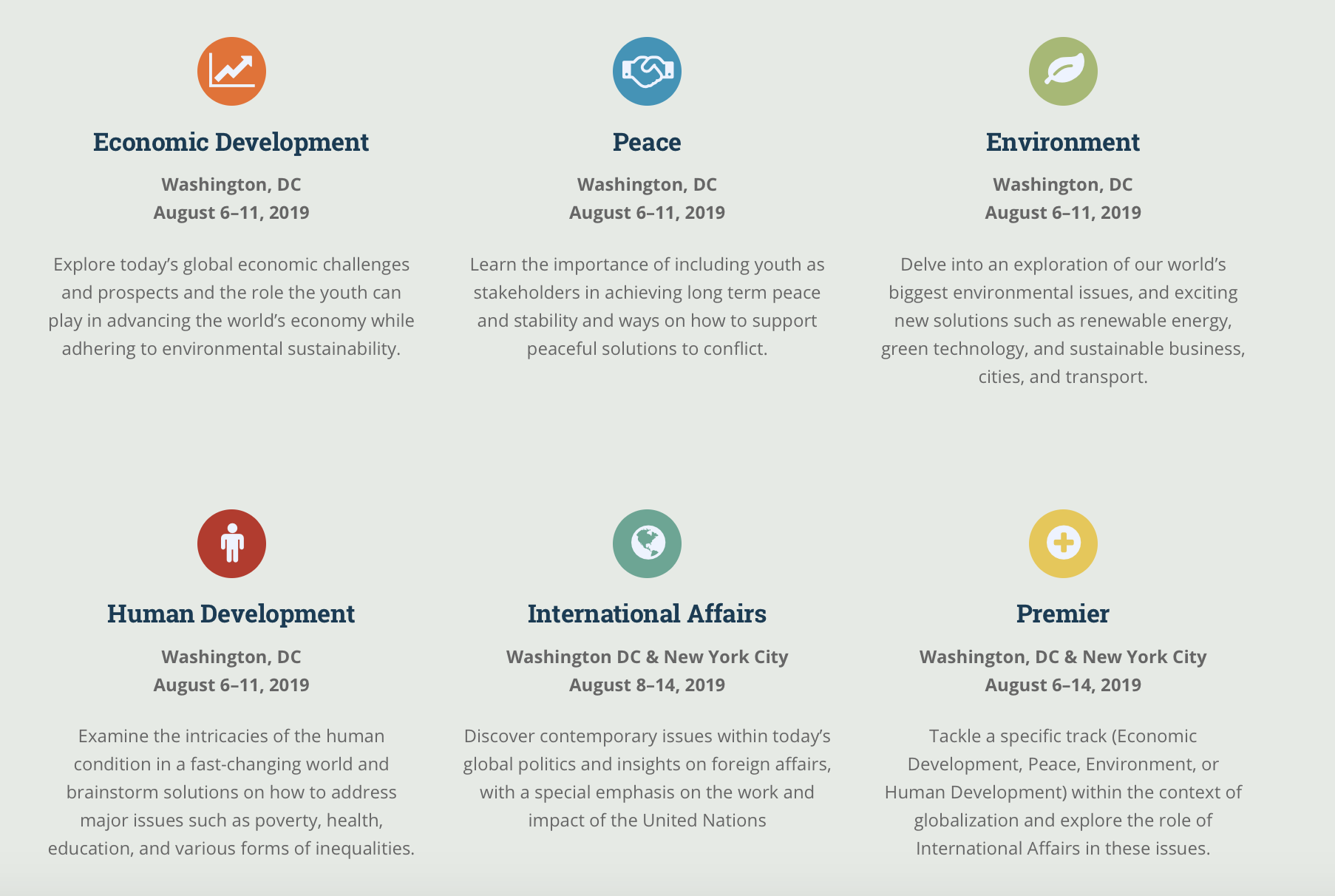 Option 1: Washington, DC (Economic Development, Peace, Environment, or Human Development Track) Shared/Double Room – $2,050 USD Single Room – $2,350 USD Date: 6–11 August 2019 Youth Assembly Conference plus leadership seminar and working group in Washington, DC Option 2: New York City (International Affairs Track) Shared/Double Room – $2,550 USD Single Room – $2,85 USD Date: 8–14 August 2019 Youth Assembly Conference in Washington, DC plus leadership seminar and working group in New York City Premier Option: Washington, DC & New York City (One DC Track + International Affairs Track) Shared/Double Room – $3,050 USD Single Room – $3,450 USD Date: 6–14 August 2019 Youth Assembly Conference in Washington, DC plus leadership seminar and working group in Washington, DC and New York City