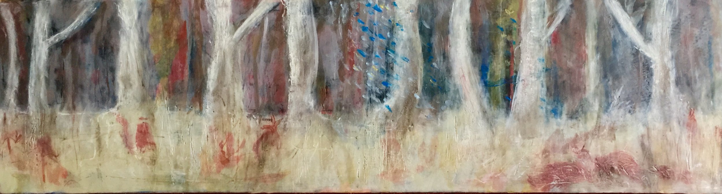 The Red Mob $1,650 Encaustic and mixed media on cradled birch panel, 30 x 110cm