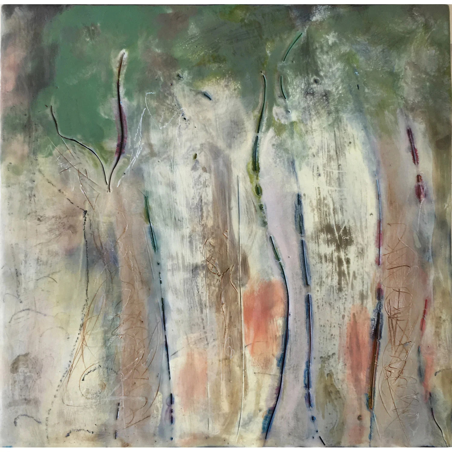 Scribbly Barks $640 Encaustic and mixed media on cradled birch panel, 30 x 30cm Enquire