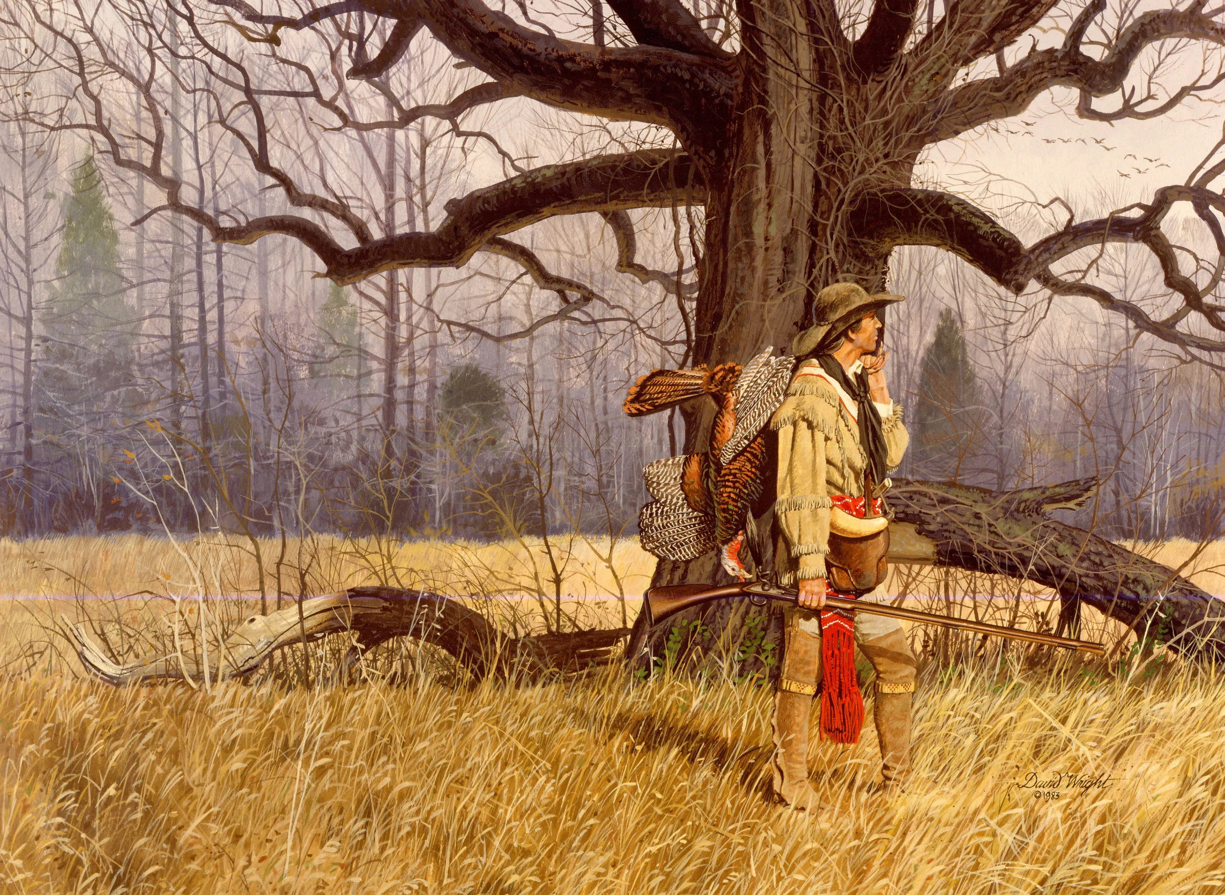 This painting by local artist David Wright depicts the early longhunters who ventured into the Nashville area in the 1770s. It shows the mosaic landscape that would have existed with scattered forests as in the background and open meadows and savann…