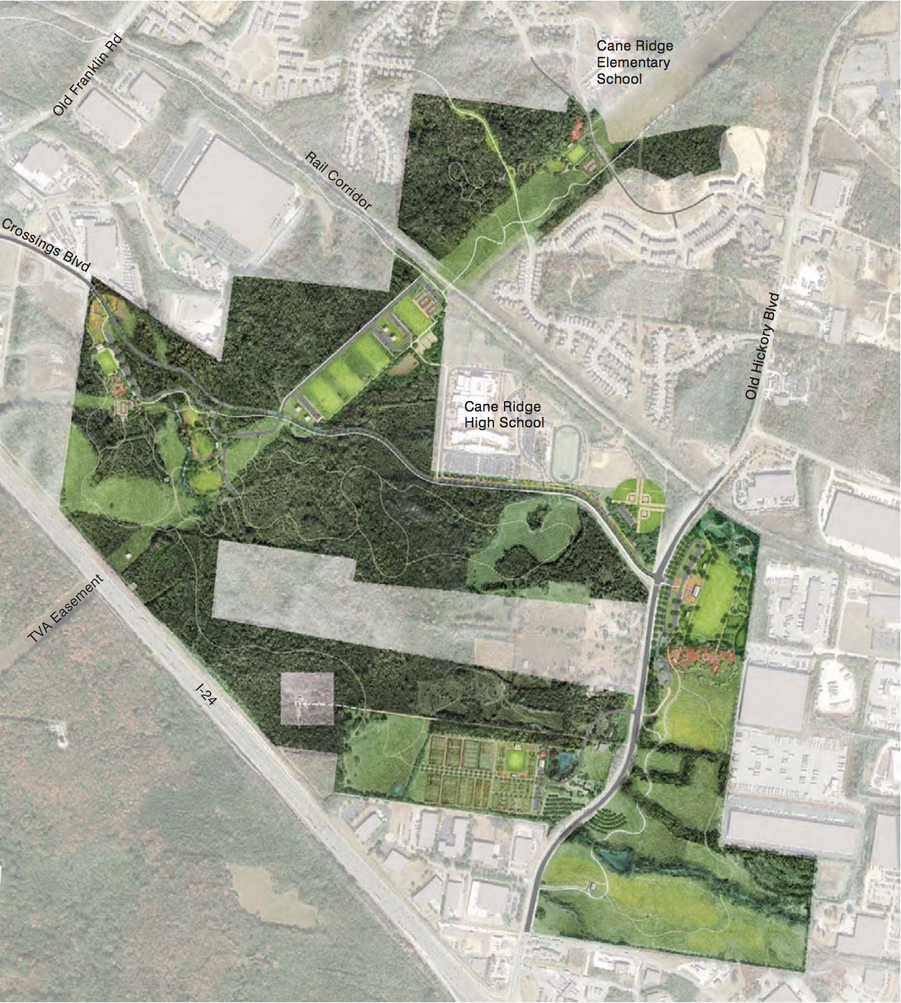 Draft map of the Southeast Park from the master plan. The southeastern portion of the park east of Old Hickory Blvd. is proposed as Phase 1.