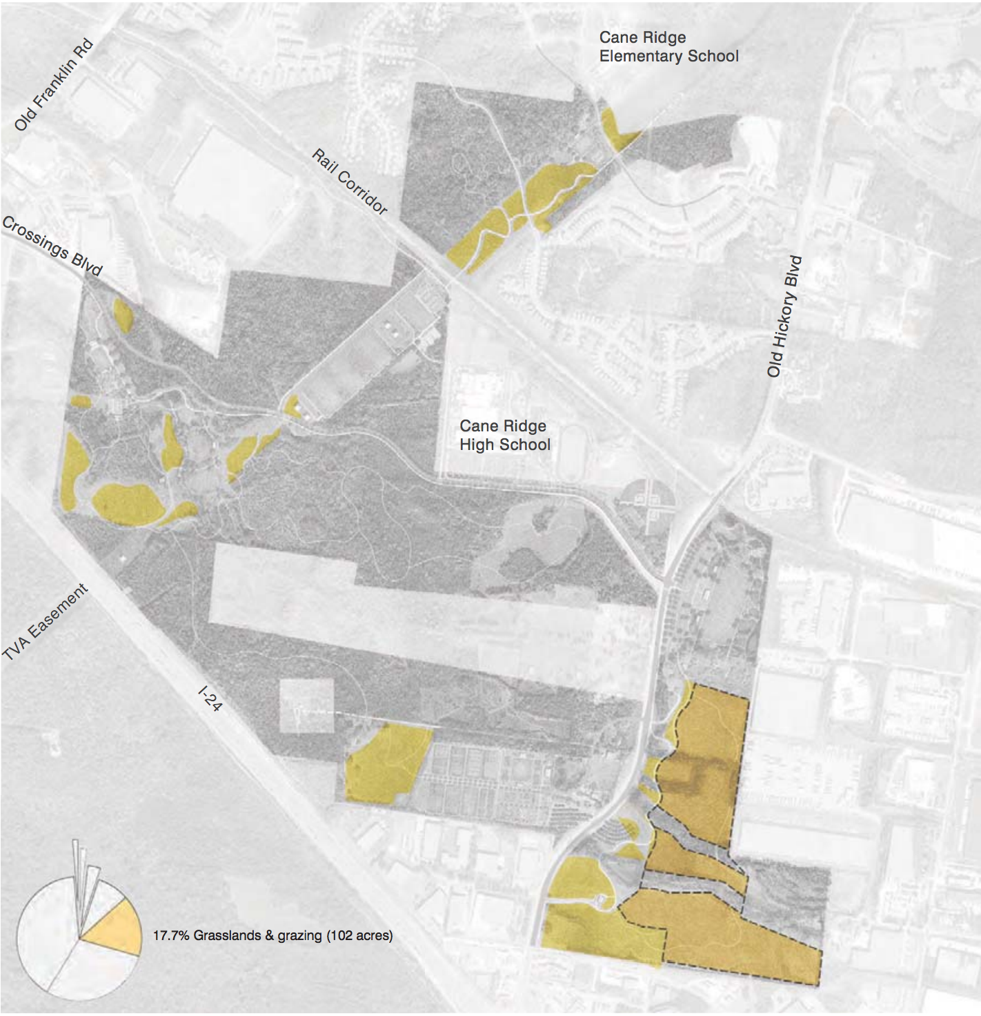 Draft map of the Southeast Park from the master plan showing proposed grassland restoration zones.