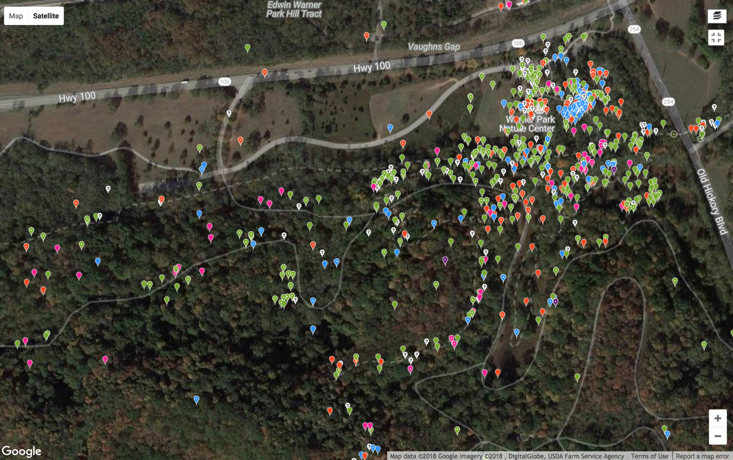 We will use the mobile app iNaturalist to record botanical data for both Stones River Bend Park and Southeast Park. This map shows records that have been entered into iNaturalist for Percy Werner Park. Most of these records have been entered by members of the general public. This system makes it easy for people of all ages, including children, to contribute to the documentation of biodiversity at these parks. Thus, this project has great potential to be highly engaging for citizens who live near these parks.