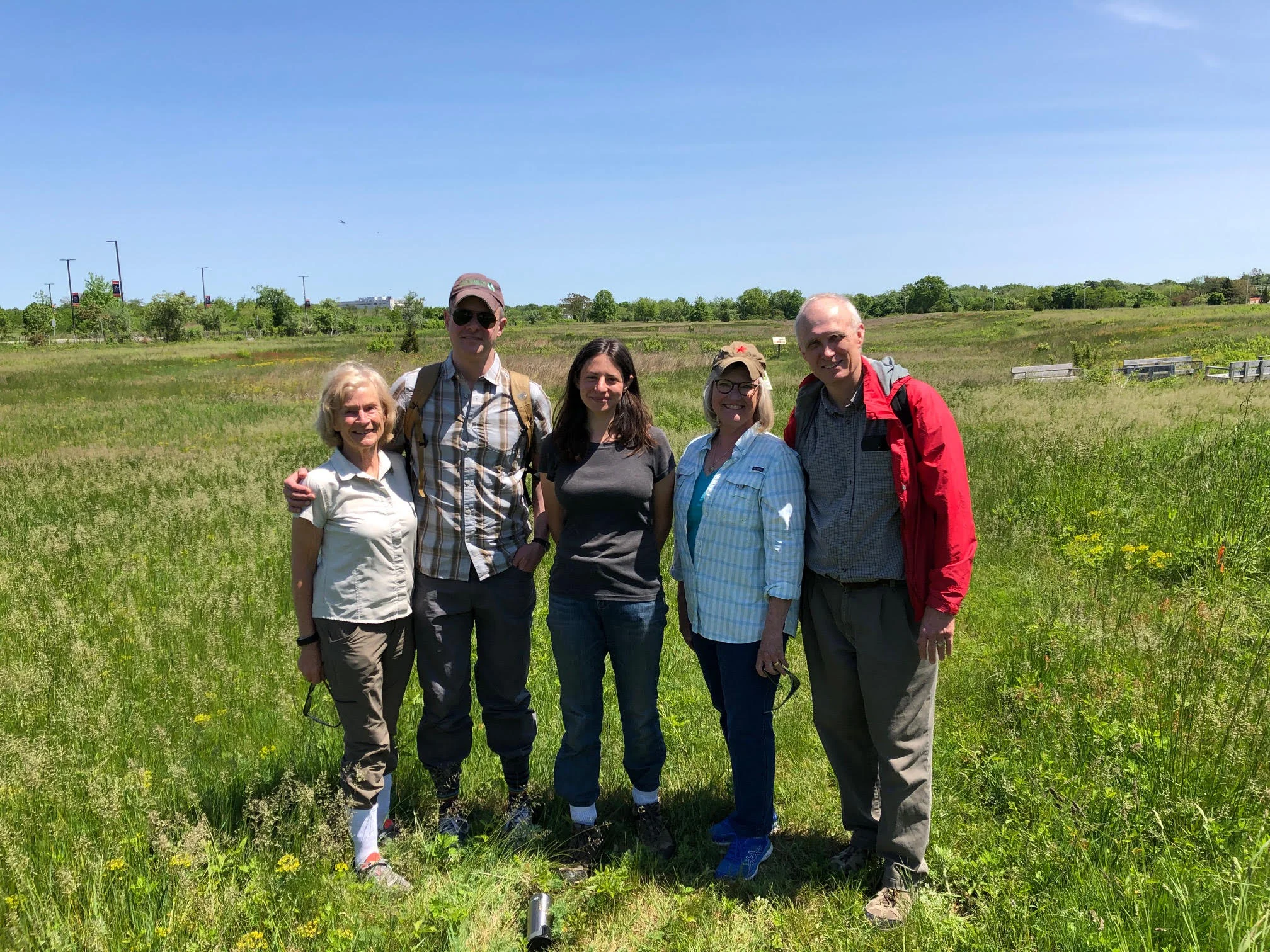 A reunion at Long Island's Hempstead Plains. From left: Betsy Gullotta, Clark Mitchell, Friend of Hempstead Plains Executive Director Amanda Furcall, Ellen Turner, Tom McClure. Photo: David Stolarz.