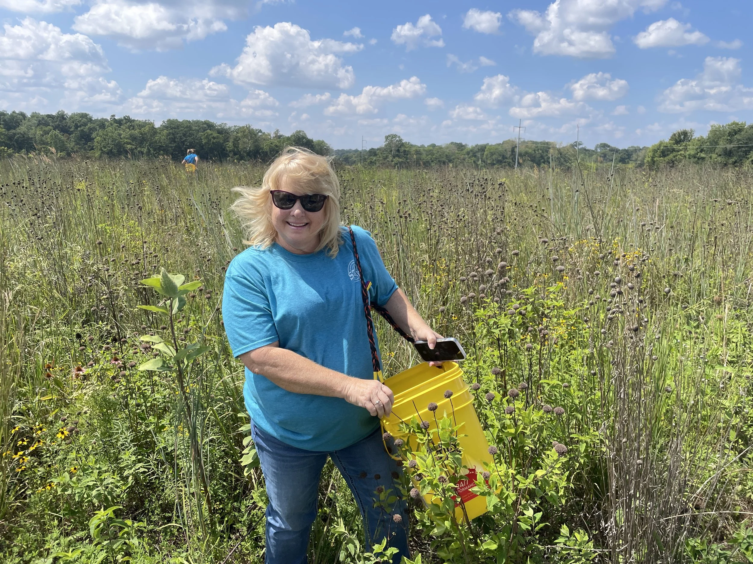 Seed collecting volunteer bucket in prairie.JPG