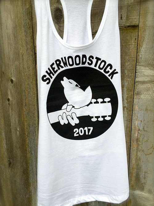 Shirt with the Sherwoodstock logo on it