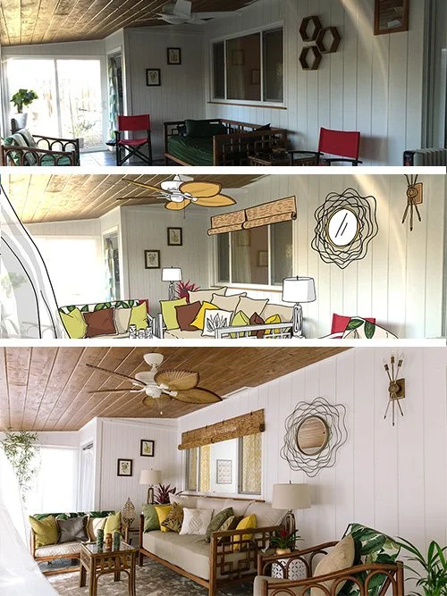 The before, planning, and after photo for a sunroom