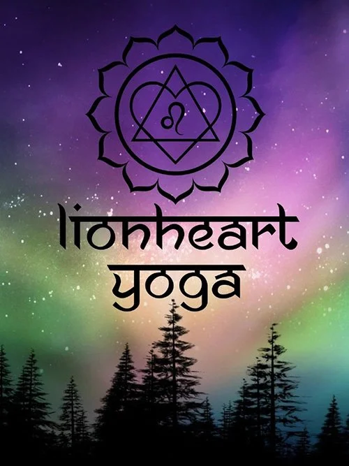 LionHeart Yoga log imposed over the aurora borealis