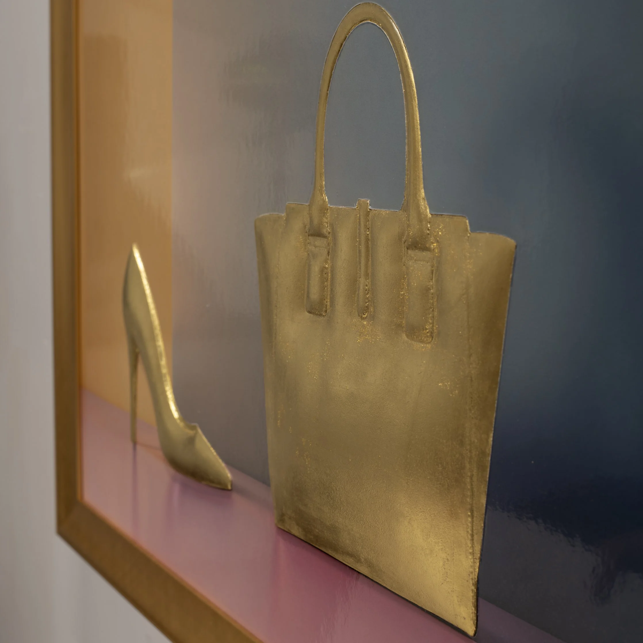 24k Gold Leaf 3D Shoe and Handbag Sculpture: Photographic Art on Bold Colour Background – Original Art by Rory Fink closeup 3