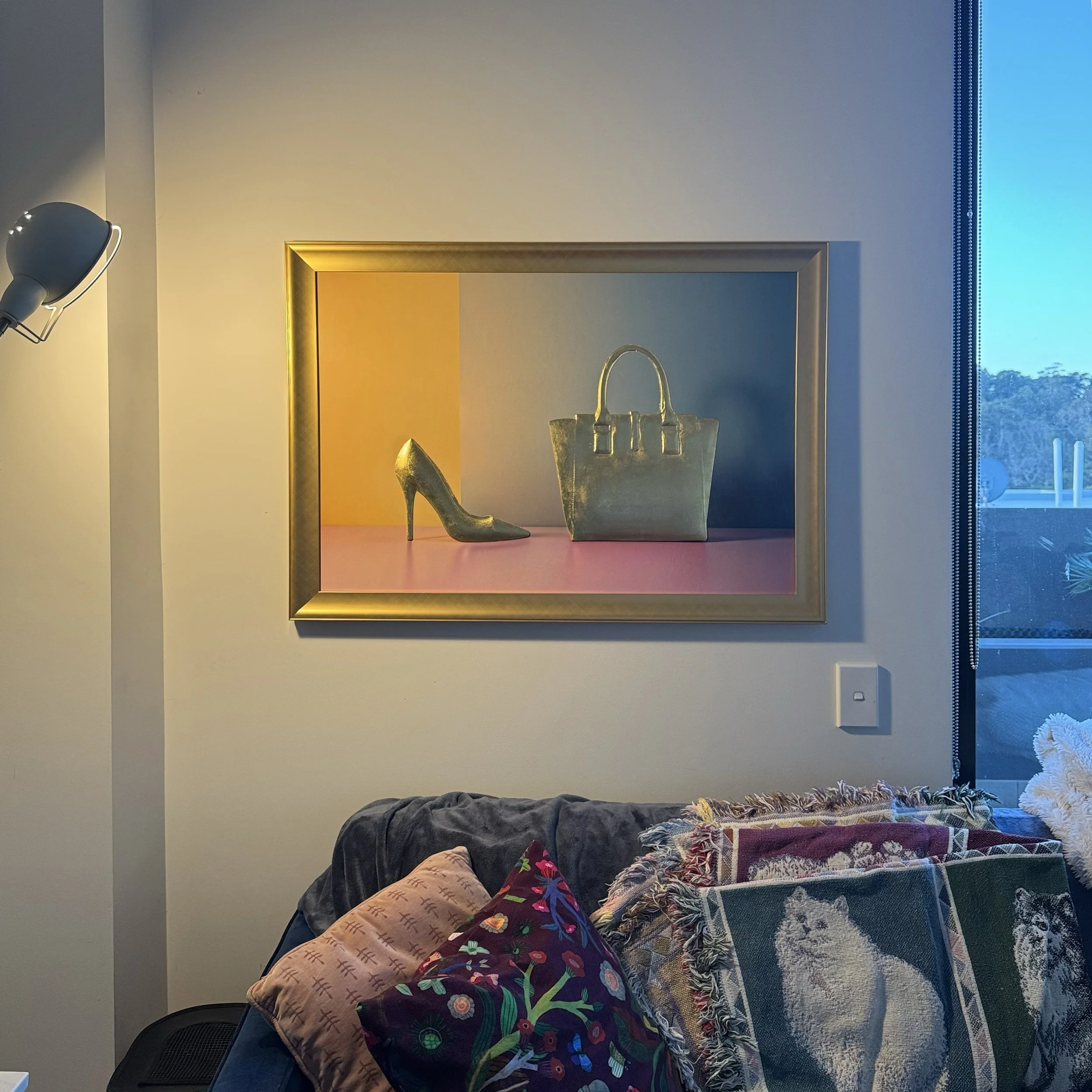24k Gold Leaf 3D Shoe and Handbag Sculpture: Photographic Art on Bold Colour Background – Original Art by Rory Fink in living room