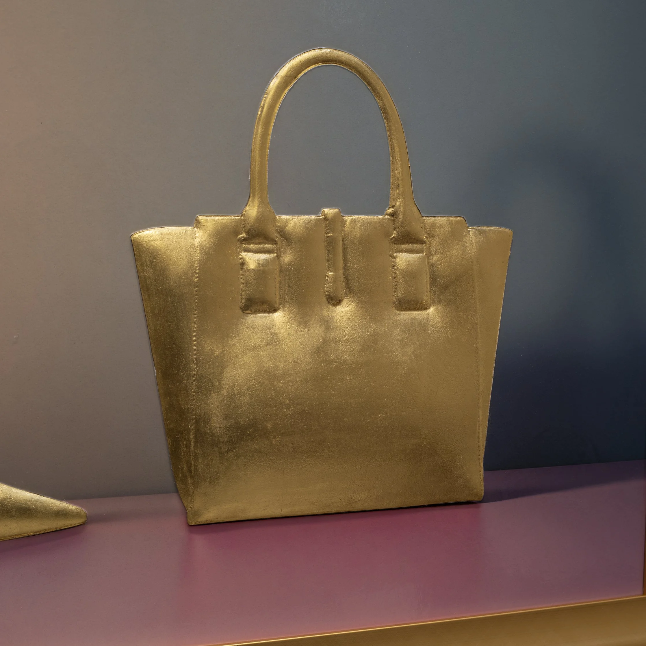 24k Gold Leaf 3D Shoe and Handbag Sculpture: Photographic Art on Bold Colour Background – Original Art by Rory Fink close up of handbag
