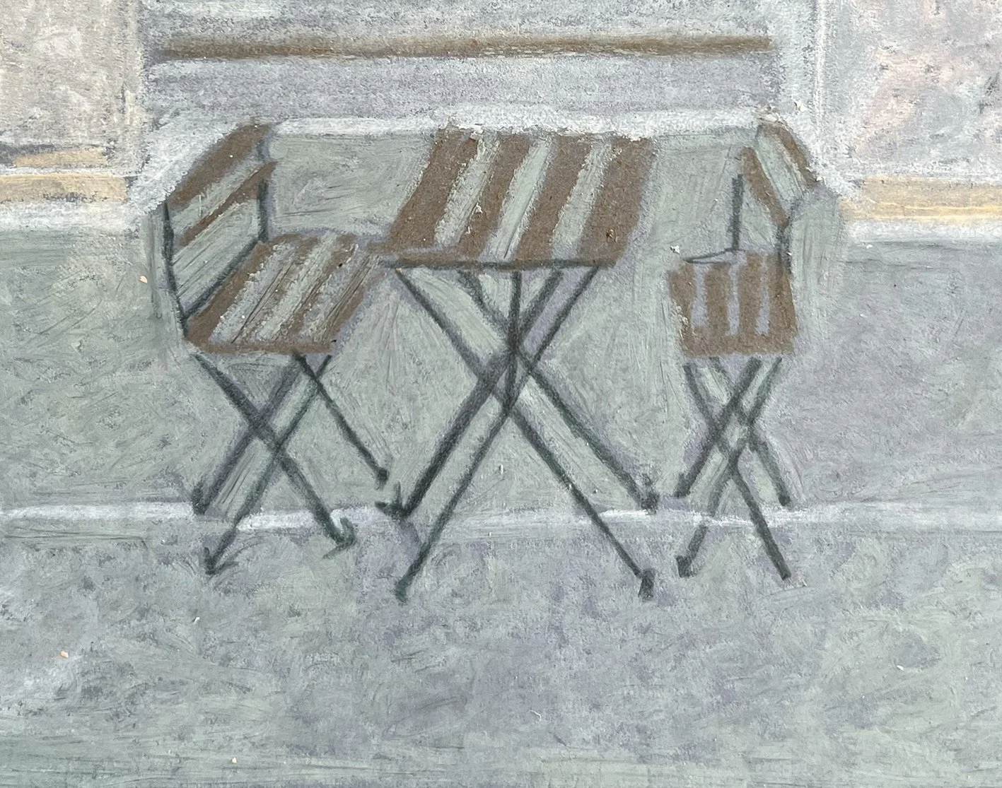    Terrace, Barcelona,  2025  ‍                                                                          Charcoal and pastel on blue paper, 11 × 8 cm                                  Drawings, personal collection 