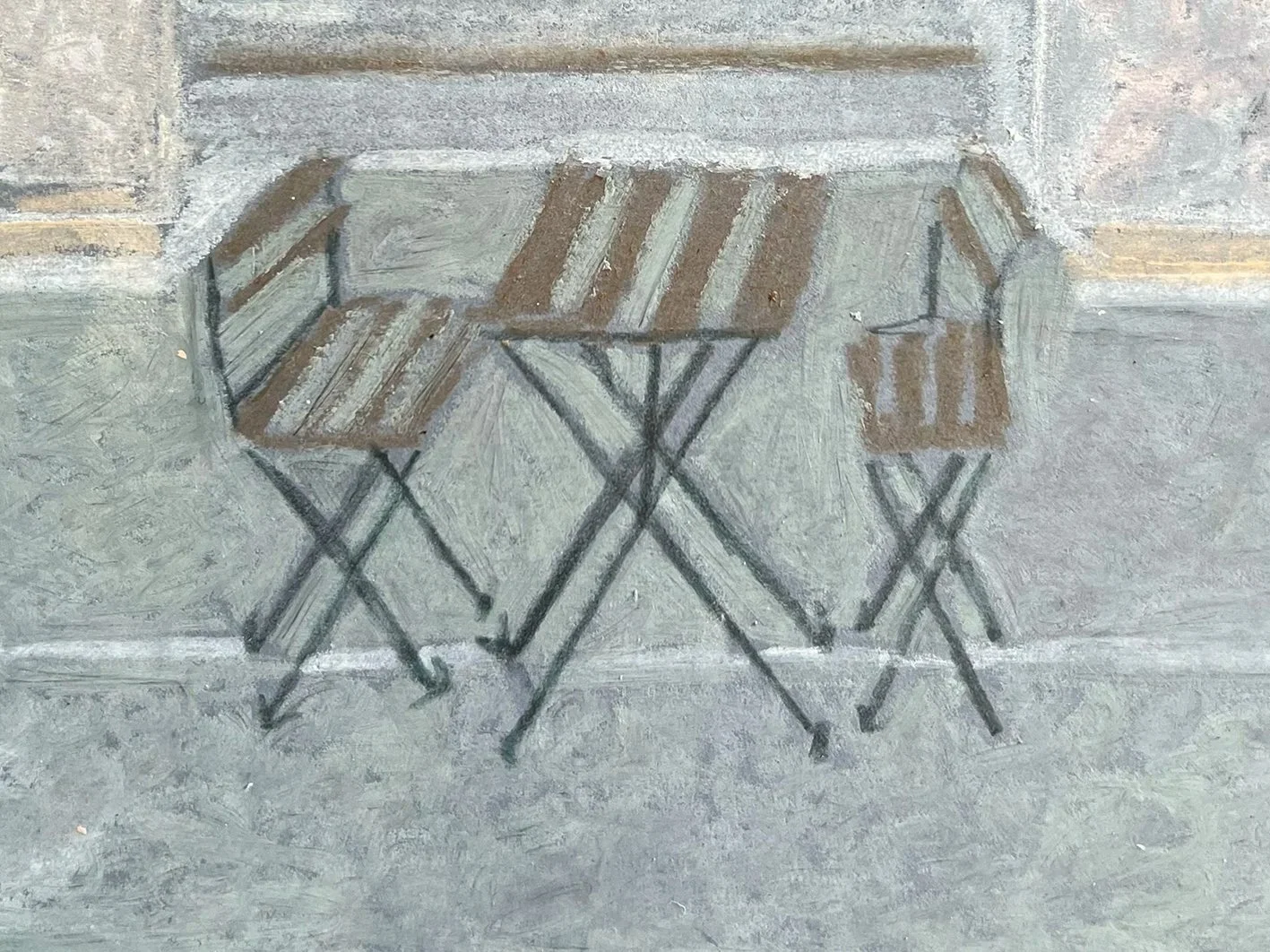    Blue terrace , 2025  Charcoal and pastel on blue paper Barcelona, Spain 